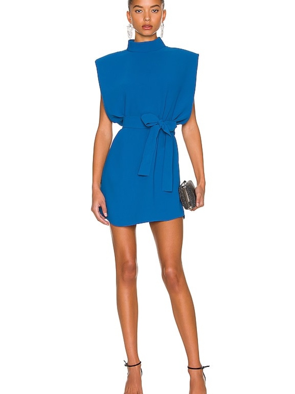 Amanda Uprichard Cobalt Blue Padded-Shoulder Mini Dress with Tie Waist
